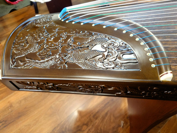 Sound of China Golden-Thread  Nanmu Guzheng with Dragon Carving "Nine Dragon Playing Pearls"
