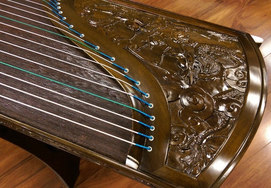 Sound of China Golden-Thread  Nanmu Guzheng with Dragon Carving "Nine Dragon Playing Pearls"